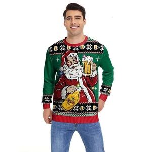 Ugly Christmas Sweater Santa Beer Cheers Sweater size L With Motion Light